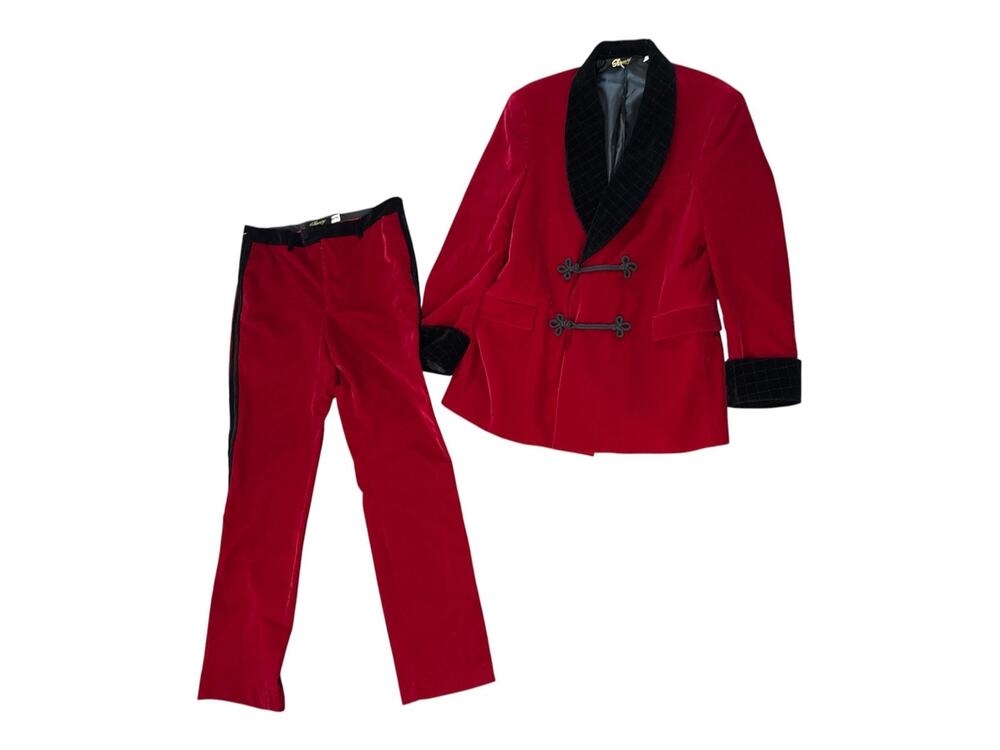 SHINESTY MENS RED/BLACK CRUSHED VELVET TUX/PANT SUIT SZ 42R 34/35